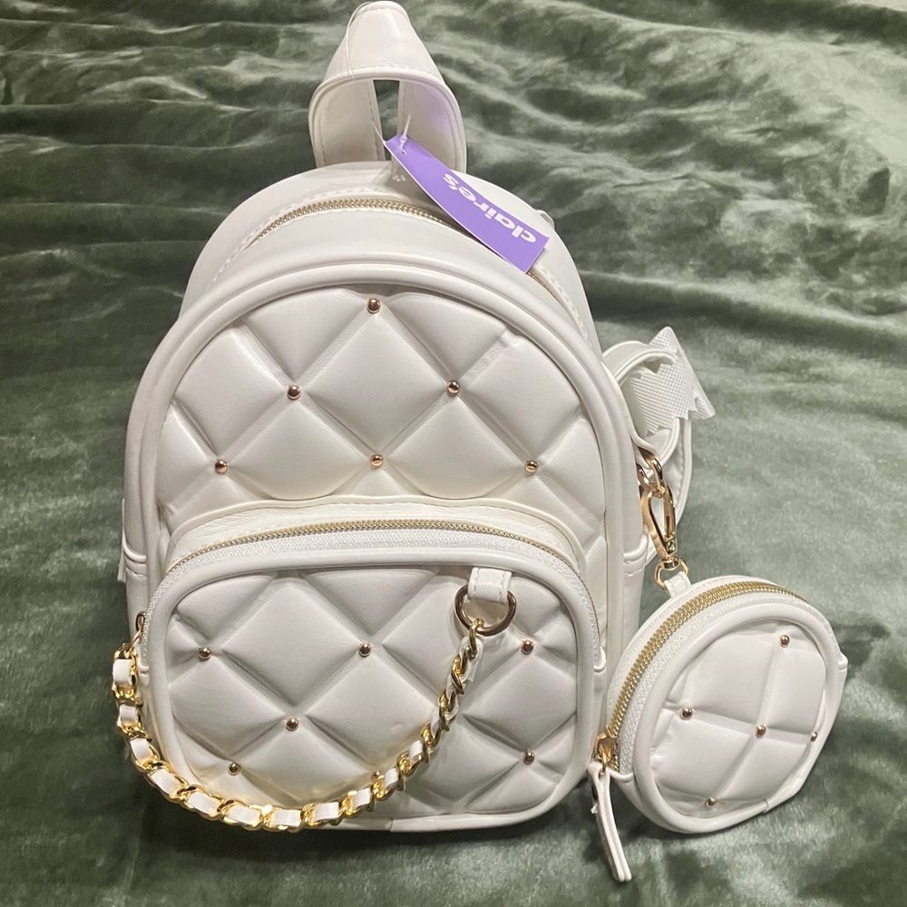 White Quilted Mini Backpack with Gold Hardware